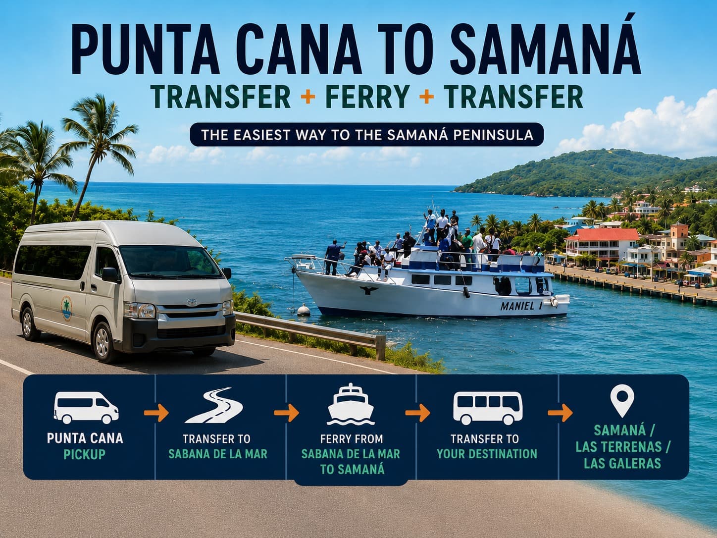 Trajekt z Punta Cana do Samaná: Kompletní transfer autobusem nebo dodávkou + trajekt + konečný transfer do Samaná, Las Terrenas a Las Galeras